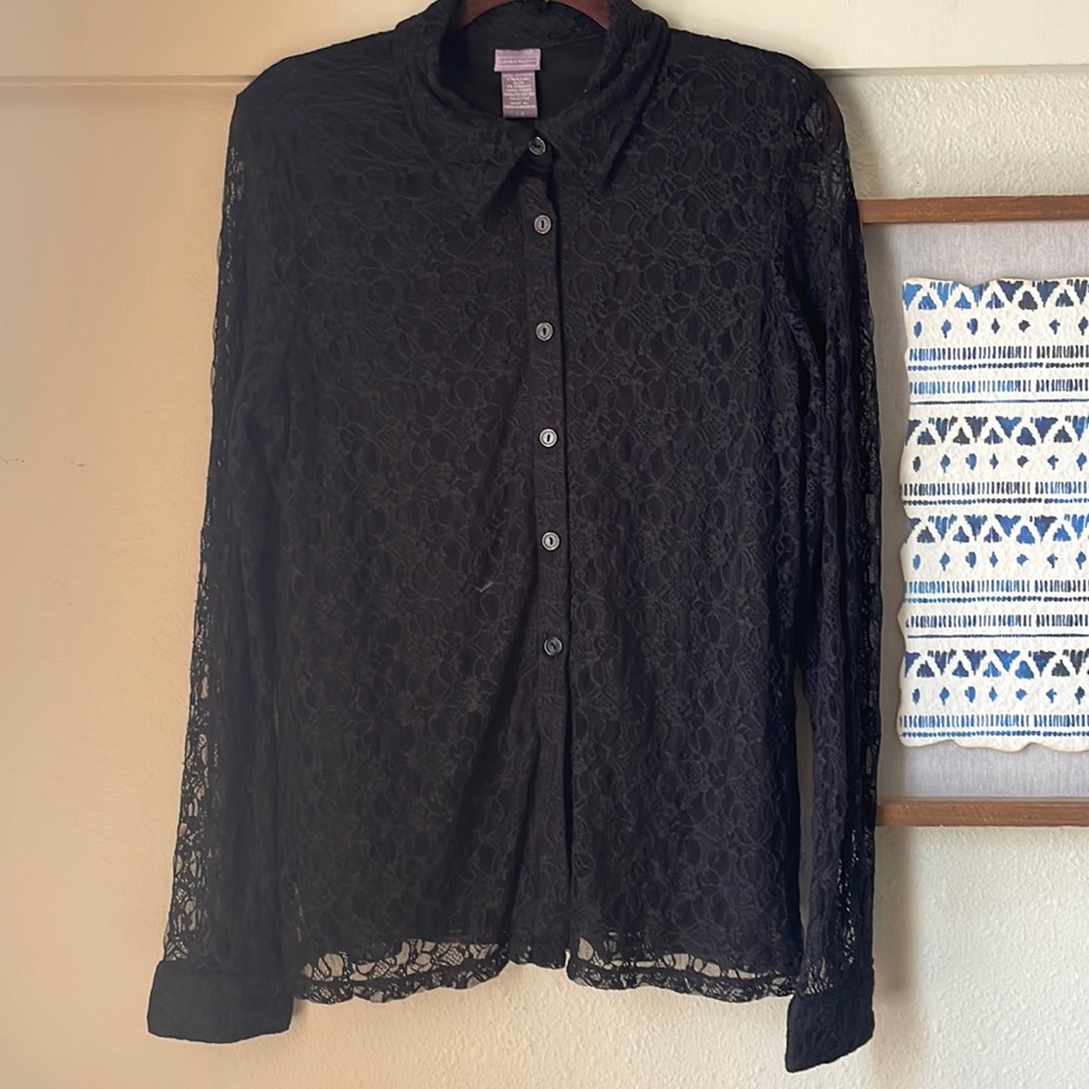 Vintage black lace button down shirt with sheer lace sleeves from Lauren Scott